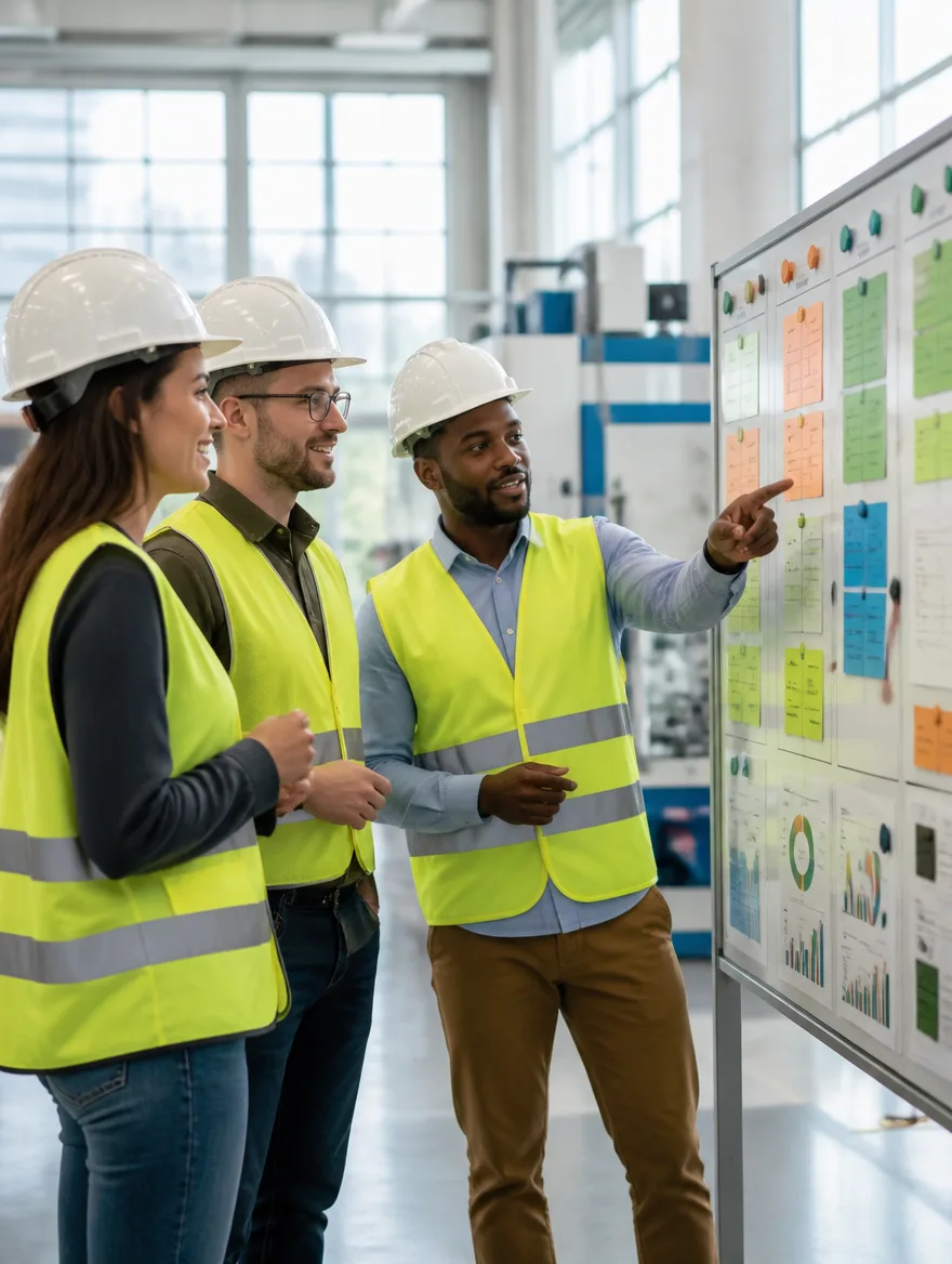 Trois personnes en gilet de sécurité devant un tableau de management visuel couvert de fiches colorées.